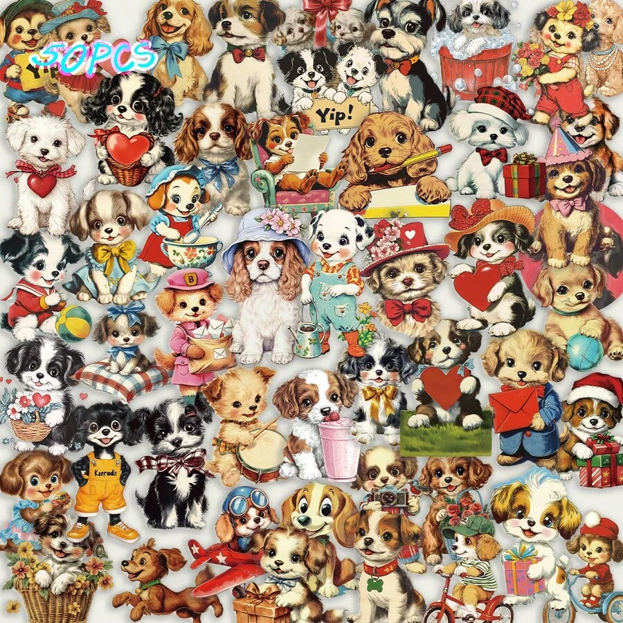 SCXXBSW 50 piezas de pegatinas transparentes de cachorros vintage americanos para decoración DIY, equipaje, guitarra, cuaderno, pegatinas creativas y divertidas de dibujos animados resistentes al agua - Multicolor - Ver 1