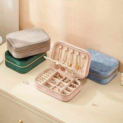 1pc 3 Layers Jewelry Organizer, Velvet Zipper Jewelry Box, Multi-Functional Jewelry Storage Box, Travel Portable Jewelry Organizer For Earrings, Necklaces, Rings, Watches, Hair Accessories, Valentine's Day Gifts, Mother Day Gift For Mom