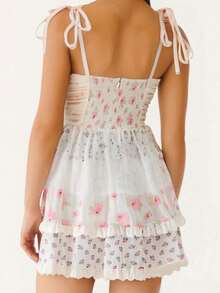 Women Floral Tie Shoulder Dress Slim V Neck Spaghetti Strap Backless A-Line Mini Layered Ruffle Dress For Daily Outdoor - 粉色 - 查看 2