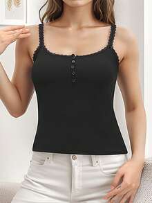 女士柔软舒适蕾丝边吊带背心 - 黑色 - 查看 2