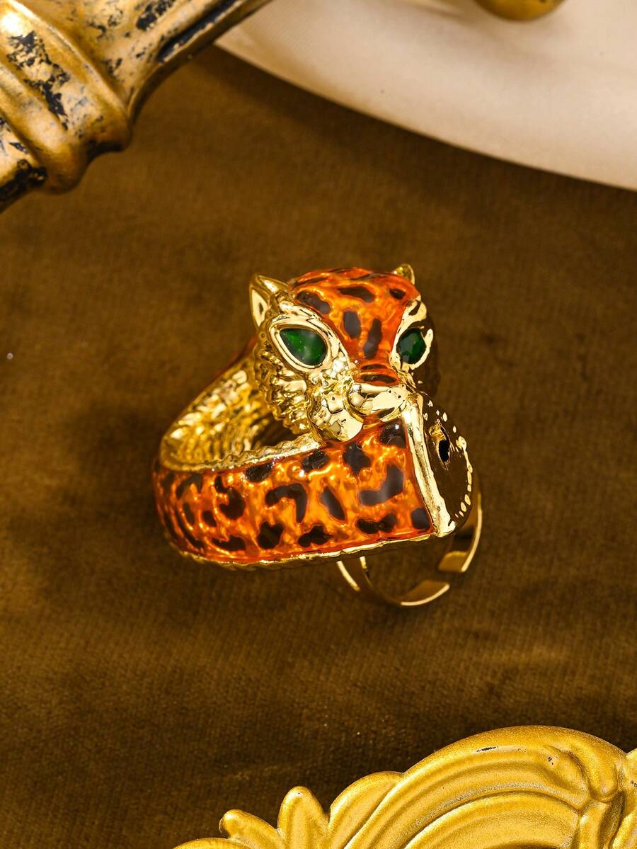 时尚新款玫瑰虎狐豹动物可调节戒指镀金珐琅适合男女