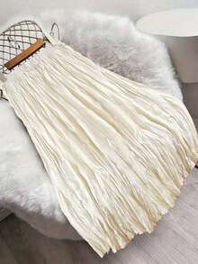 Saia midi plissada e franzida feminina, estilo boêmio, de linho, nova chegada - Damasco - Ver 5