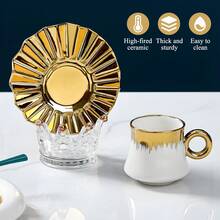 6-Piece Turkish Coffee Cup Set - 3.5oz Ceramic Espresso Cups With Gold-Plated Rims & Saucers - Ottoman-Style Gold Design In Gift Box - White - View 5