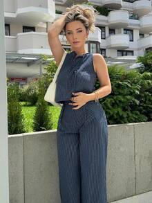 Jeta Ari Women's Summer Striped Spaghetti Strap Top & Pants Casual 2 Pieces Set - Navy Blue - View 3