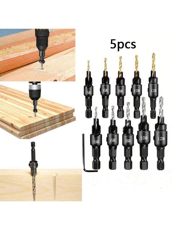 5pcs Countersink Drill Woodworking Drill Bit Set Drilling Pilot Holes For Screw Sizes #5 #6 #8 #10 #12 Conical Drill Bit Countersink Woodwork Pilot Holes HSS Universal Counterbore Cutter Screw Aluminum Plastic Carpentry Pilot Hole