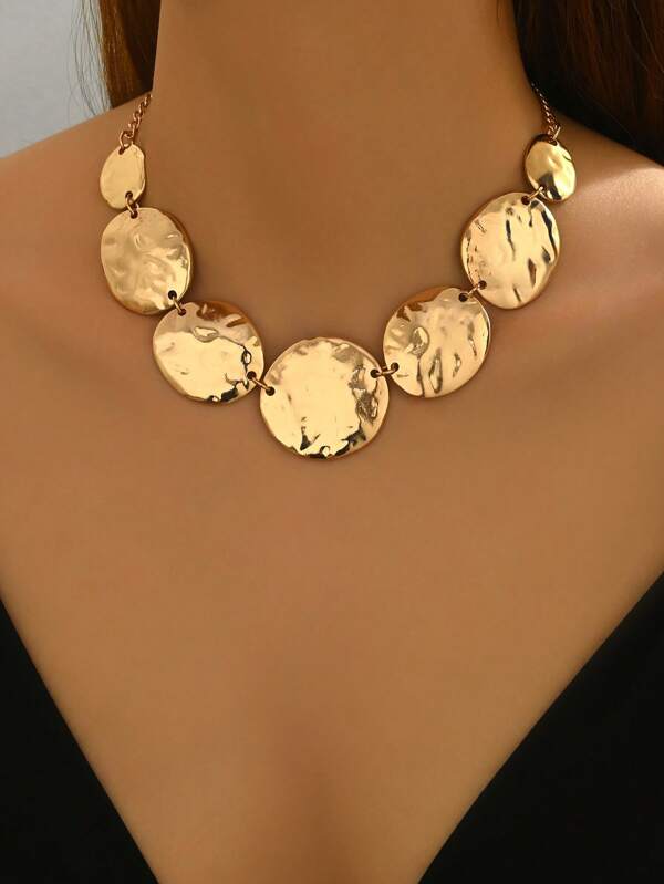 1 pièce Collier pendentif rond géométrique minimaliste mode, collier ras-du-cou métallique doré décontracté