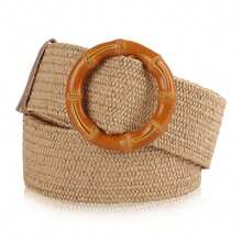 Women's Belt Elastic Stretch Waistband Woven Leather Tip Silver Buckle Straps - Khaki - View 1