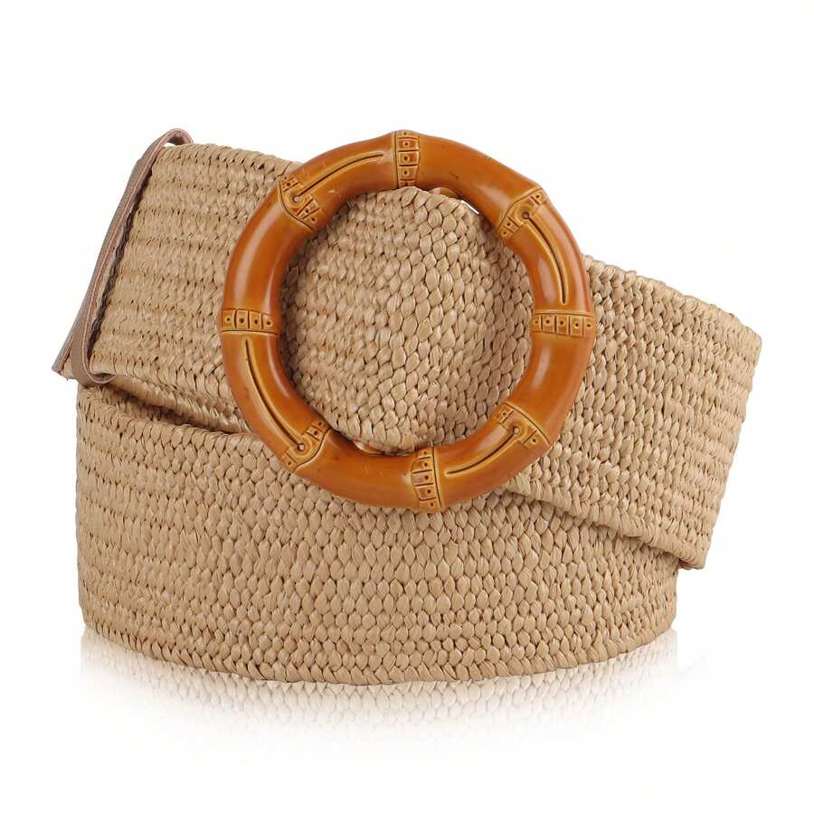 Women's Belt Elastic Stretch Waistband Woven Leather Tip Silver Buckle Straps - Khaki - View 1