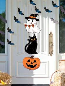 1 Set Halloween Paper Door Hanging Decorations, Halloween Pumpkin Ghost Door Sign, Paper Banner, Halloween Welcome Plaque, Hanging Flag Banner, Door Decor, Hanging Flag, Happy Halloween Door Decor, Halloween Decorations, Halloween Party Backdrop Decor, Halloween Trick Or Treat Decor, Halloween Party Supplies, Home Decor, Room Decor, Wall Decor, Halloween Party Favors, Party Gifts - Cute Ghost Black Cat Pumpkin - View 6