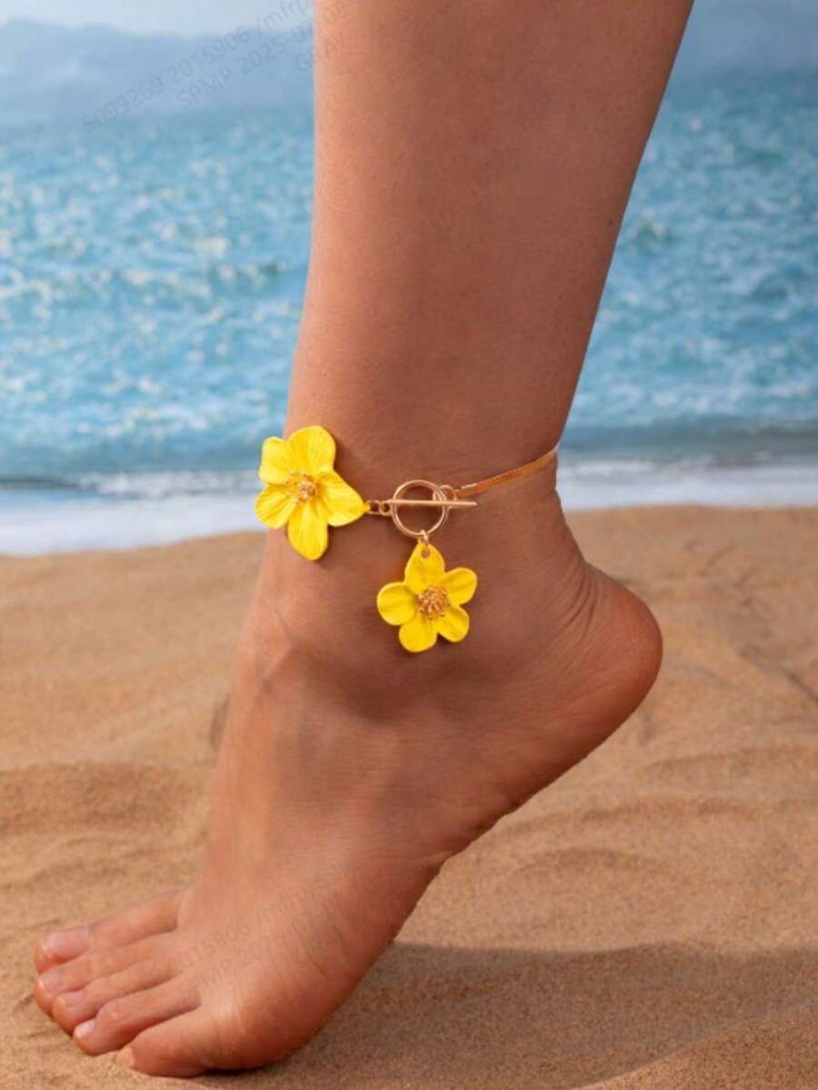 1 件时尚优雅的黄色花朵脚链，适合节日佩戴