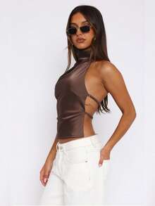 Women's Halter Neck Satin Tank Tops Mock Neck Sleeveless Backless Shirts Solid Color Slim Fit Crop Tops Summer High Neck Vest Camisoles Holiday Beachwear Party Clubwear - 棕色 - 查看 5