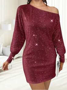 Women Y2k Sparkly Sequins Babydoll Mini Dress Shiny Long Sleeve Crewneck Glitter Short Club Party Dress