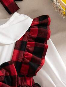 秋冬女婴套装：可爱彼得潘领衬衫、红色格子背带裙、蝴蝶结袜子、头带 - 紅色 - 查看 8