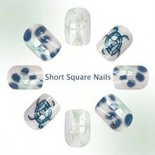 MSummer Beach Pr On Nails Short Square Fake Nails White False Nails Pr Ons With Starfish Turtle Design Reusable Artificial Nails Full Cover Glue On Nails Stick On Nails For Women Manicure 24 Pcs8001 - Kiểu-33 - Xem 3