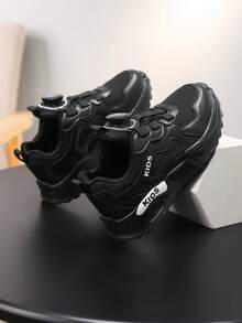 Kids' Black Athletic Chunky Sneakers, Personalized Simple Running Shoes, Rotary Buckle Mesh Breathable Casual Sports Shoes, Easy On/Off Boys Girls Student Shoes - Black - View 3