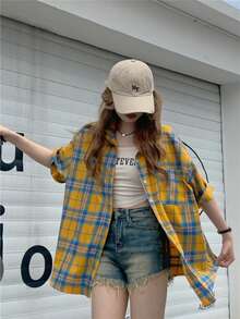复古美式小众设计女式短袖格子衬衫，轻盈夏季防晒夹克，宽松百搭小码衬衫 - 黃色 - 查看 11