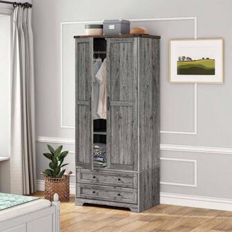 Farmhouse Wood Armoire Wardrobe Closet With 2 Doors, 71" Tall Freestanding Wardrobe Clothes Cabinet With Drawers And Hanging Rod For Bedroom  Gray