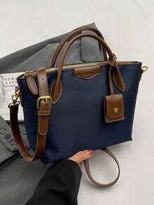 Nueva bolsa cuadrada portátil de tela de nailon impermeable de unicolor con doble asa, se puede colgar, adecuada para viajar, comprar y desplazarse, bolso bandolera vintage con hebilla de aguja, bolso de mano de gran capacidad - Azul - Ver 6