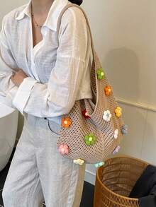 Túi tote bằng rơm kiểu dáng thường ngày mùa hè, túi xách đeo vai cỡ lớn dành cho nữ, túi mua sắm. - Màu Khaki - Xem 4