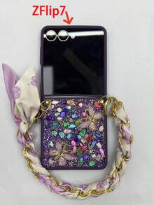 闪亮钻石蝴蝶时尚手机壳适用于三星 Z Flip 6 7 5 Z Flip 4 3 丝巾腕带保险杠保护套防水防震防摔防刮 - 紫色 - 查看 4