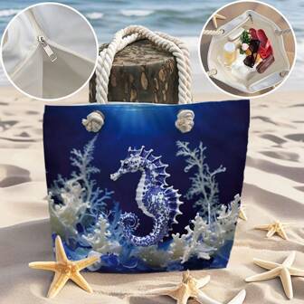 Large Capacity Sea Horse Tote Bag - Chic Shoulder Bag, Ultra-Light - Perfect For Summer Travel And Beach Adventures, Beach Accessory Bag|Fashion|Lightweight Tote Bag Beach Bag