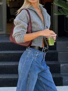 Senya Women's Autumn/Winter New Turndown Collar Zip-Up Knit Cardigan, Long Sleeve Short Casual Everyday Commute Sweater Jacket - Grey - View 3