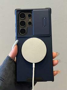 适用于三星 Galaxy S26 Ultra、S25、S24、S23、S22 Ultra、S25、S24、S23 Plus、A54、A55、A56 的手机壳，带滑动摄像头盖 + [全方位摄像头保护]，配备 360° 旋转指环支架、磁吸车载支架，哑光质感防震保护壳 - 藍色 - 查看 4