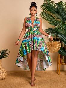 BIUBIU Women's Colorful Sexy Deep V-Neck Sleeveless Criss-Cross Backless Tie Waist High-Low Hem Dress, Bohemian Style For Summer Vacation, Random Pattern - Teal - View 6