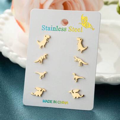 4pcs Fashion Cute Stainless Steel Dinosaur Earrings, Minimalist Animal Stud Earrings, Collection For Pet Lovers, Everyday Wear For Women