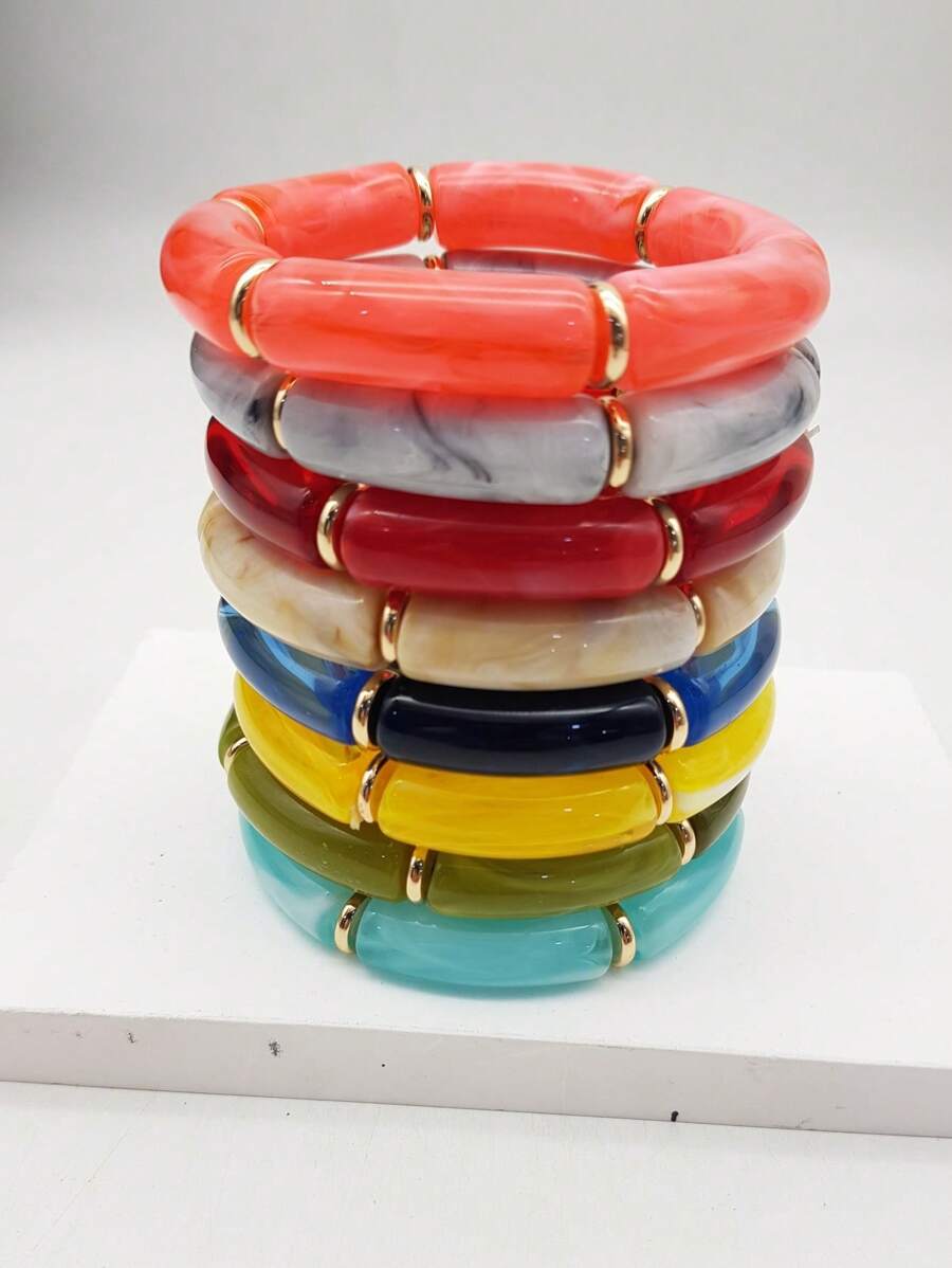 Boho-Chic Colorful Resin Beaded Stretch Bracelet - Elegant & Versatile, Perfect For Daily Wear, Travel, And Special Occasions