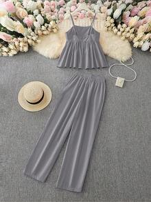 Bộ đồ 2 món phong cách nghỉ dưỡng giản dị thanh lịch dành cho nữ, áo hai dây màu trơn rộng rãi và quần ống đứng, mùa xuân/hè - Xám - Xem 2