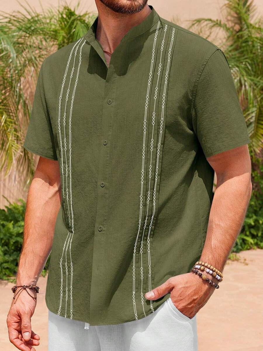 Runcati Mens Short Sleeve Guayabera Shirts Linen Cotton Button Down Mexican Embroidered Wedding Shirt Summer Tops - Army Green - View 1