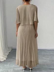 Đầm voan xếp ly tay cánh dơi cổ tròn màu trơn thanh lịch dành cho nữ, mùa hè - Màu Khaki - Xem 4