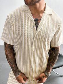 男士休闲条纹前扣短袖衬衫，夏季