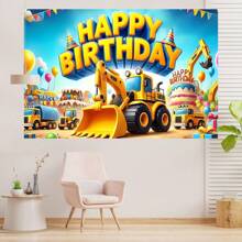 1 件装叉车工程车施工派对背景布建筑工地背景卡通建筑设施卡车横幅摄影背景适用于生日派对蛋糕桌道具