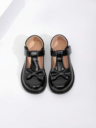 1 Pair Girl's Bowknot Decor Patent Leather Flat Princess Campus Shoes