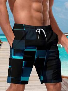 Shorts de praia casuais com estampa 3D havaiana plus size masculino - secagem rápida, cintura com cordão, perfeito para passeios de verão - Multicolorido - Ver 3