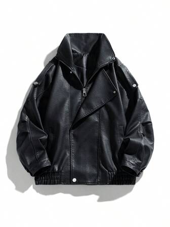 Chaqueta de motociclista de manga larga para hombres, estilo de cuero de PU, forro clásico, cierre de cremallera resistente, interior suave, diseño frontal asimétrico, estilo vintage de ropa urbana, equipo de conducción resistente para exteriores, detalles de herrajes metálicos, ajuste cómodo y ligero