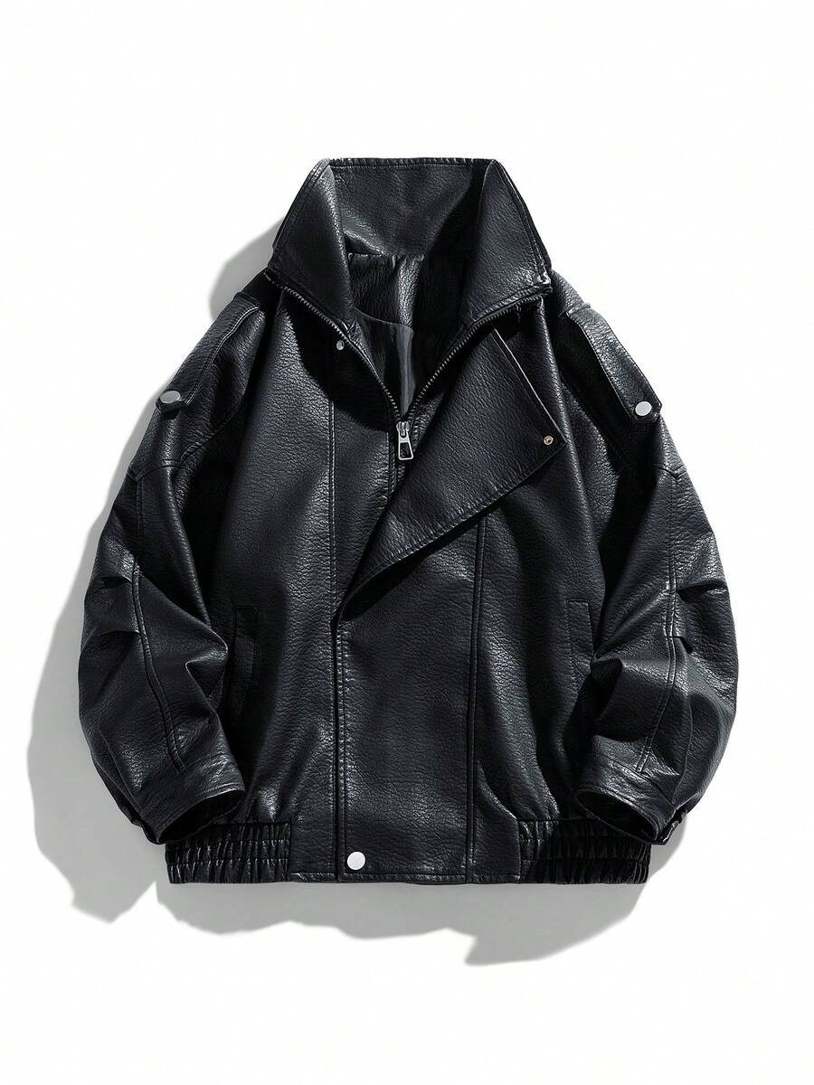 男士长袖机车风PU皮摩托车夹克，经典内衬，结实耐用的拉链，光滑内里，不对称前片设计，街头复古风，坚固耐用的户外骑行装备，金属配件细节，轻便舒适。