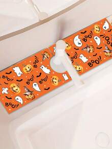 1pc 10*38cm (3.93*14.96inch) Halloween Decorative Sink Mat, Pumpkin & Ghost Print Kitchen Sink Countertop Protector Pad, Adding Holiday Atmosphere, Halloween Home Party Decor, Cute Orange BOO Theme - Multicolor - View 4