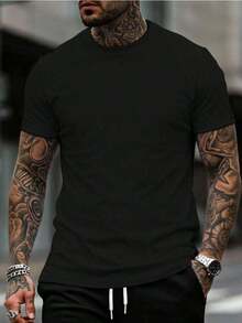 Men's Plain T-Shirt Basic Round Neck Shirt 100% Cotton Knit Blouse - Black - View 1