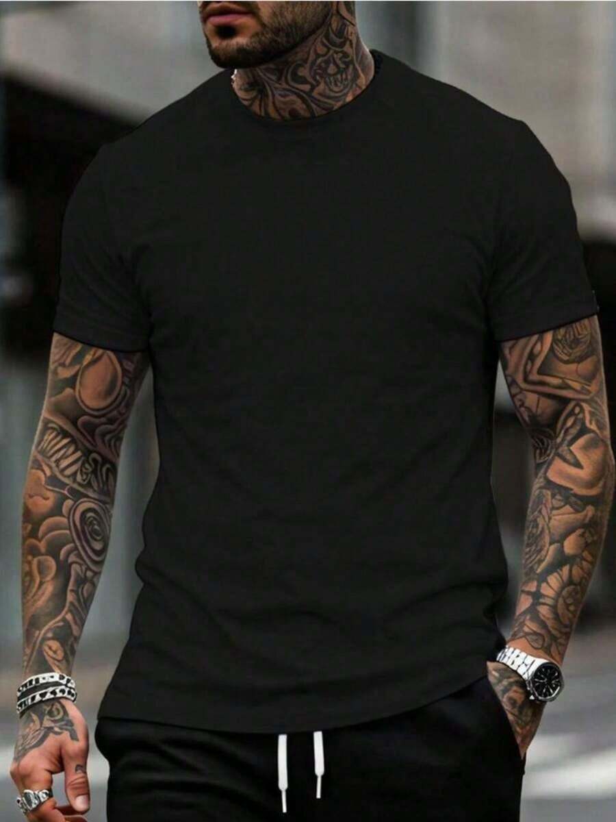 Men's Plain T-Shirt Basic Round Neck Shirt 100% Cotton Knit Blouse - Black - View 1
