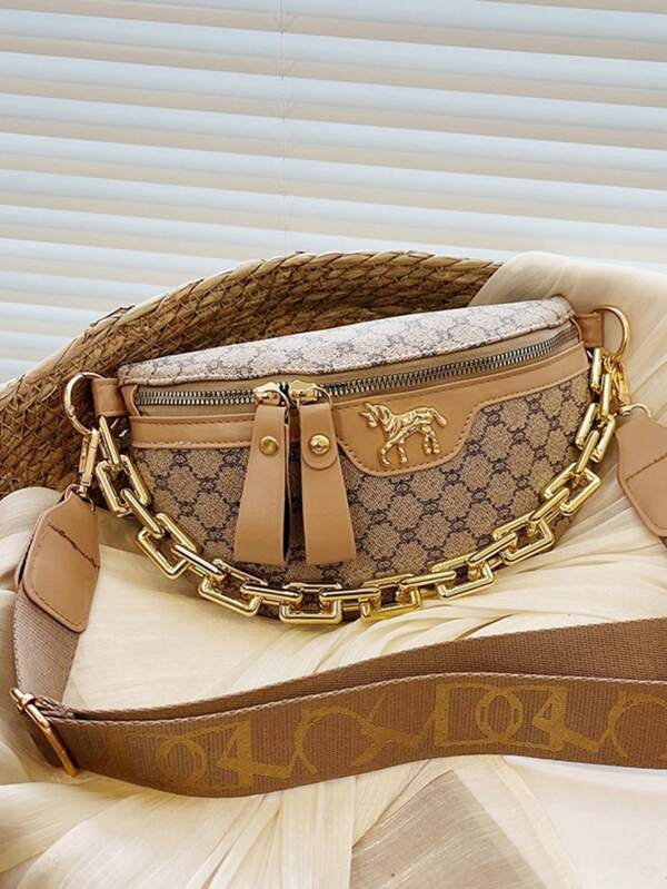 Sac de poitrine bandoulière de couleur unie grande capacité, sac ceinture avec décoration de chaîne et sac banane, sac de taille décontracté pour randonnée et escalade en extérieur, sac banane multifonctionnel de sport et de voyage avec sangle réglable, sac à bandoulière polyvalent pour le trajet quotidien