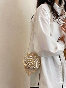 球形珍珠拼色流苏包，圆形手柄手拿包，斜挎链条包，适合晚会、宴会、晚礼服、口红、零钱包 - 金色 - 查看 5