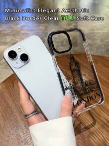 Étui de téléphone transparent au style minimaliste avec motif dessiné à la main du monument emblématique de Londres, le Big Ben, et le slogan "LONDON". Étui de protection transparent en TPU souple avec bordure noire, caractéristique de la ville de Londres. Compatible avec 13, 15, 16 Pro Max, 16, 14, 16 Plus. Étanche, antichoc, anti-chute et résistant aux rayures.