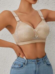 Sujetador inalámbrico acolchado y ajustable con diseño de encaje para mujer - Caqui - Ver 3