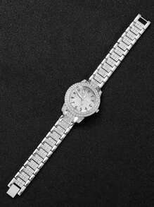 2 pezzi in set: orologio al quarzo con numeri in cristallo argento e bracciale con maglie cubane, accessorio di moda regalo per feste, compleanni