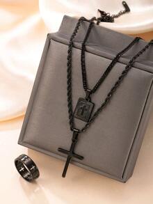 18K Gold Plated Exaggerated Hip-Hop Jewelry Set: 3pcs Stainless Steel Cross Pendant Necklace, Matching Bracelet And Ring - 3pcs - View 7