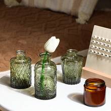 Tomnk 14pcs Small Vase Glass Flower Bottle Bulk, Gradient Green Relief Vase For Central Decoration, Mini Retro Glass Vase For Wedding Home Dining Party Decoration, For Birthday Weeding Party Home Decorations - Green - View 6