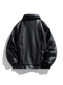 男士长袖机车风PU皮摩托车夹克，经典内衬，结实耐用的拉链，光滑内里，不对称前片设计，街头复古风，坚固耐用的户外骑行装备，金属配件细节，轻便舒适。